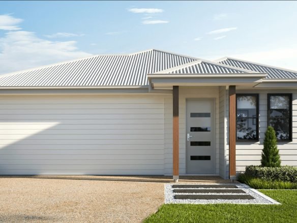 Artist impression of a modern four-bedroom investment property in Logan Reserve, Logan, featuring a double garage, contemporary facade and landscaped front garden.