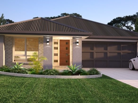 Artist impression of a four-bedroom investment property in Logan Reserve with contemporary facade, double garage, landscaped front garden and covered entrance.