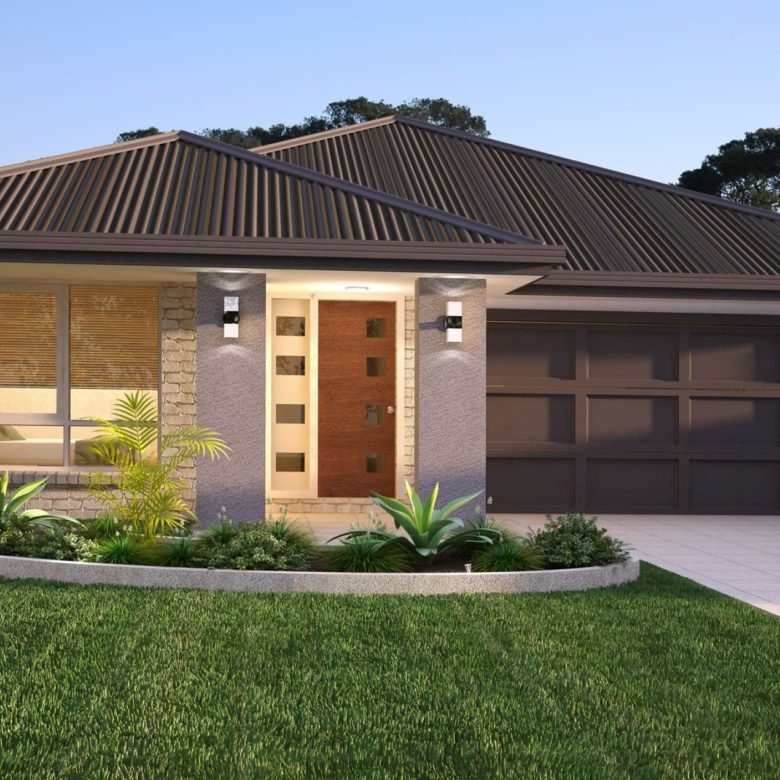 Artist impression of a four-bedroom investment property in Logan Reserve with contemporary facade, double garage, landscaped front garden and covered entrance.
