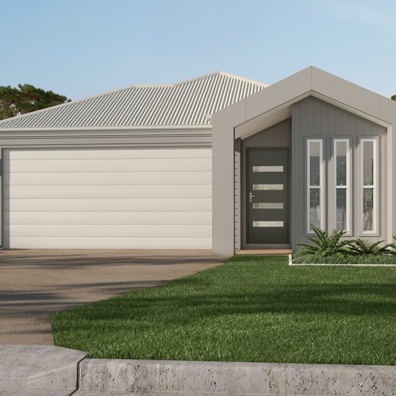 Artist impression of a new four-bedroom investment property in Logan Reserve, Logan, featuring contemporary facade styling, a double garage and landscaped front garden.