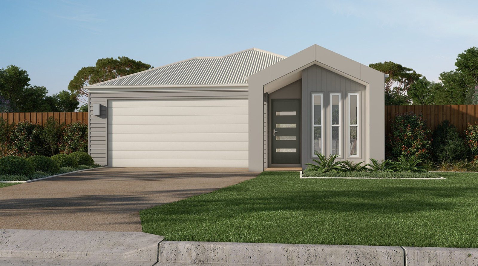 Artist impression of a new four-bedroom investment property in Logan Reserve, Logan, featuring contemporary facade styling, a double garage and landscaped front garden.